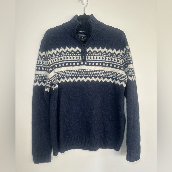American Eagle Seriously Soft Sweater Pullover Men's Large 1/4 Zip Blue White - Picture 7 of 7